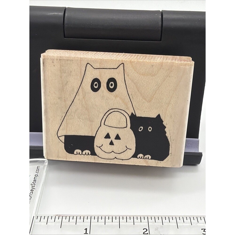 Paula Best Cat Spook And Friend Halloween Rubber Stamp Wood Mounted